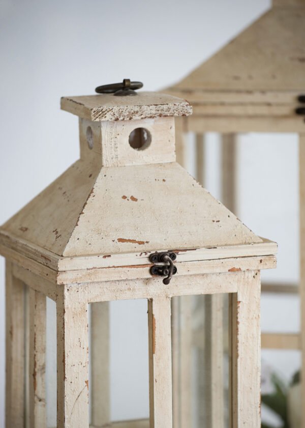 Distressed Cream Wooden Lantern Set with Grid Panes (2-Piece) - Image 3