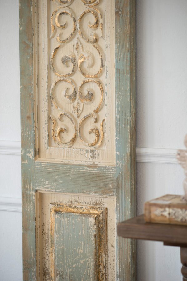 Antique-Style Carved Scroll Wall Panel in Distressed Blue & Cream - Image 3