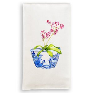 Tea Towel with Blue & White Bowl with Pink Orchid