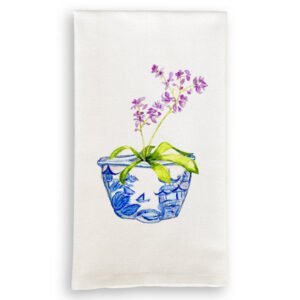 Tea Towel with Blue & White Bowl with Purple Orchid