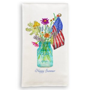 Tea Towel with Wilflowers in a Mason Jar with Happy Summer