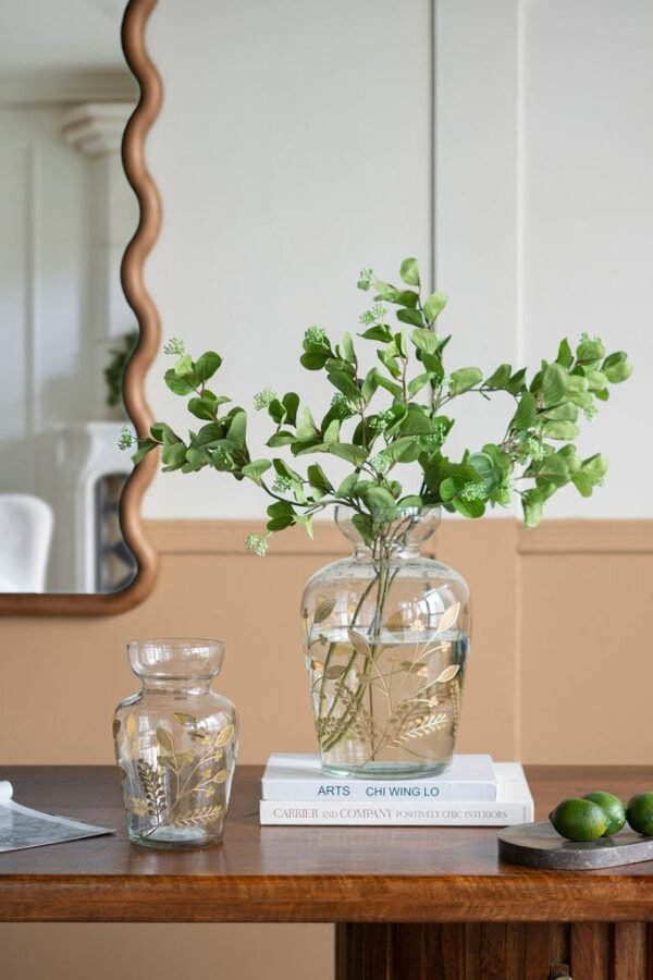 Curved Glass Vase with Gold Floral Motifs