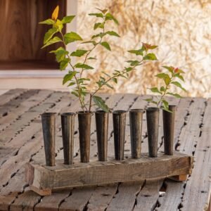 Flower Centerpiece of Primitive Wood And Tin, 8-Tube Bud Vase