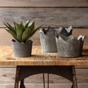 Corona Galvanized Metal Planters with Crown Edges – Set of 3