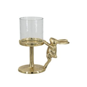 Gold Rabbit Pillar Candle Holder with Clear Glass Hurricane Shade 7x4x7.5"