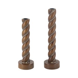 S/2 Brown Birch Wood Candle Holders with Spiral Design